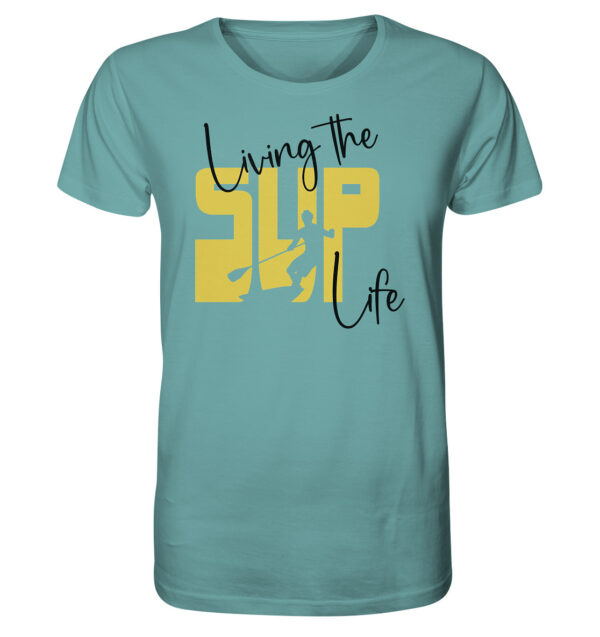 Stand-Up-Paddling T-Shirt für SUP Fans. Das bedruckte Stand-Up-Paddling T-Shirt in citadel blue als Geschenk für alle SUP Freunde.