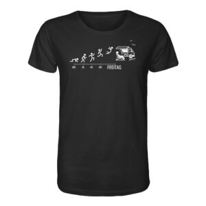 Endlich Freitag Camping T-Shirt mit lustigem Camping Motiv. Das schwarze Bio T-Shirt ist ein besonderes Geschenk für Camper, fürs Wohnmobil und bequemes Camper T-Shirt.