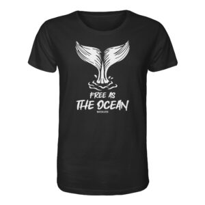 Free as the ocean T-Shirt in schwarz aus bester Bio Baumwolle. Jedes verkaufte Wal T-Shirt unterstützt Naturschutzprojekte. Besondere Wal Shirts für Walfreunde und für Walschützer.