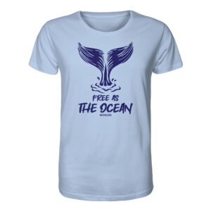 Free as the ocean T-Shirt in hellblau aus bester Bio Baumwolle. Jedes verkaufte Wal T-Shirt unterstützt Naturschutzprojekte. Besondere Wal Shirts für Walfreunde und für Walschützer.