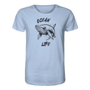 Ocean life Wal Timmy T-Shirt hellblau aus bester Bio Baumwolle. Jedes verkaufte Wal T-Shirt unterstützt Naturschutzprojekte. Besondere Wal Shirts für Walfreunde und für Walschützer.