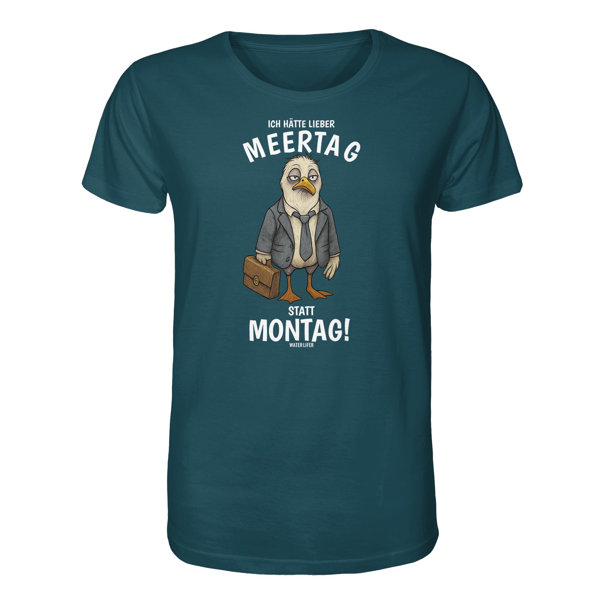 Meertag statt Montag T-Shirt in ozeanblau aus bester Bio Baumwolle. Lustiges Möwen T-Shirt mit Spruch. Martimes T-Shirt mit Möwe für Küstenfreunde, Möwenfans und für den Urlaub an der Nord- und Oststee.
